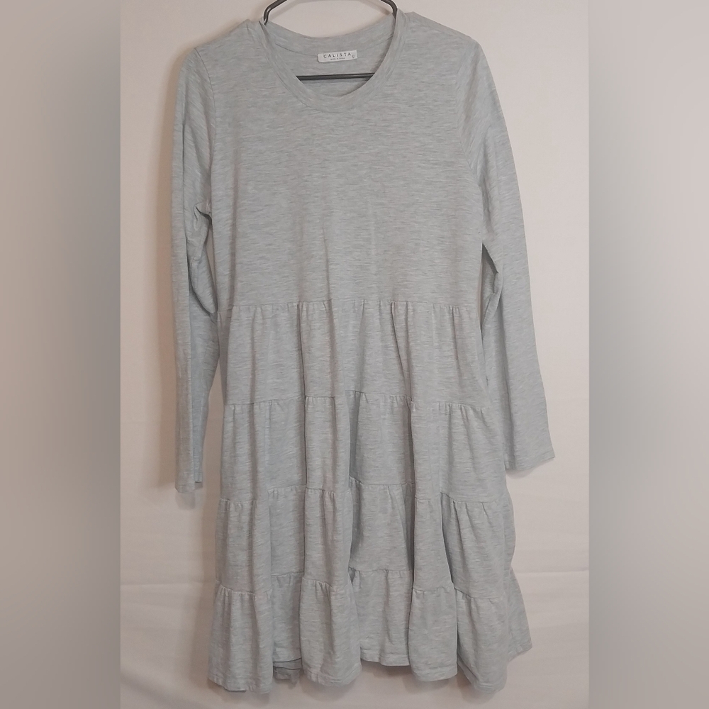 Casual Long Sleeve Tiered Dress - Light Gray